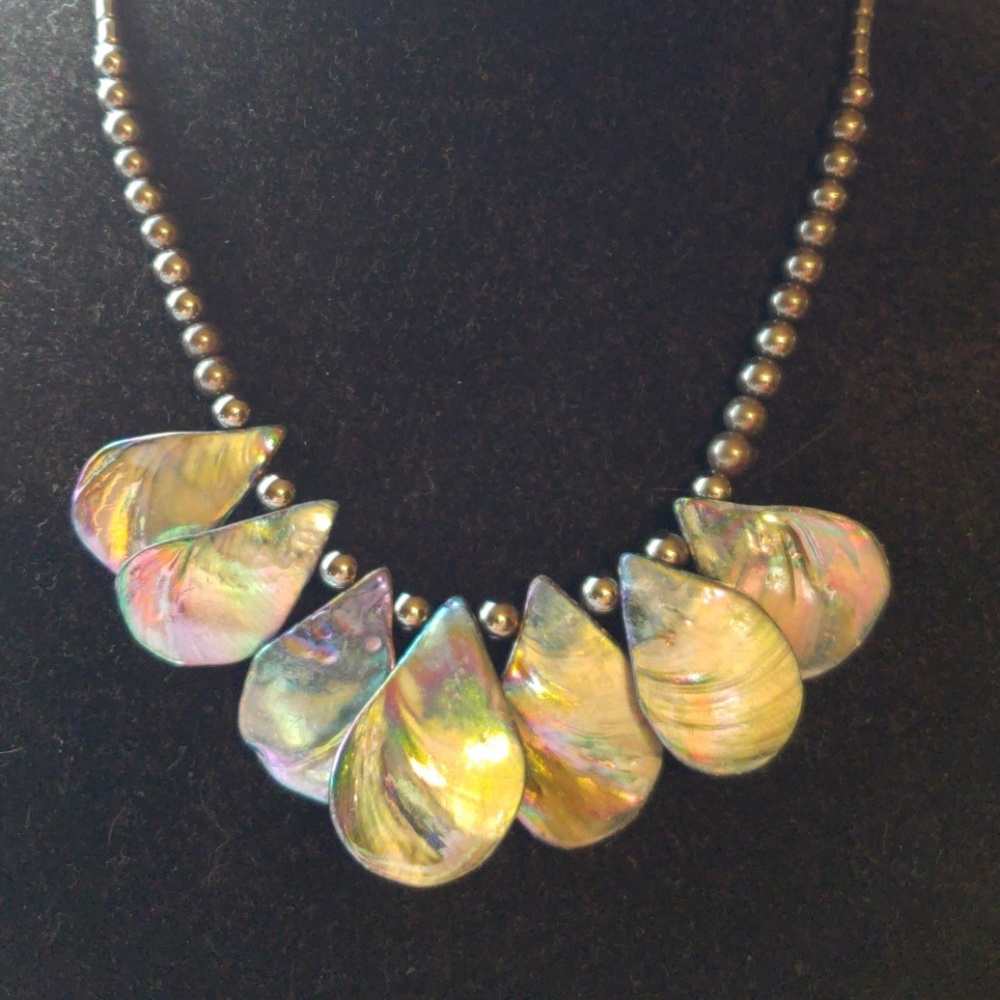 Hematite and shell necklace with toggle clasp
